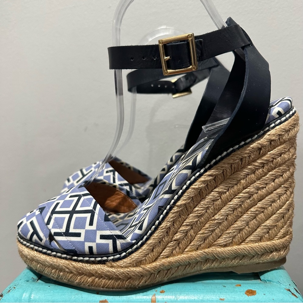 Tory Burch Navy Espadrille Wedge Ankle Strap All Over Logo Print Size 8 B